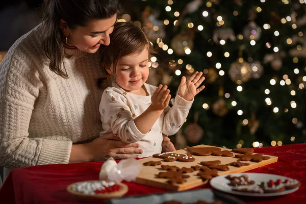 Family Cooking Winter Holidays Concept Happy Mother Baby Daughter Icing — Stock Photo, Image