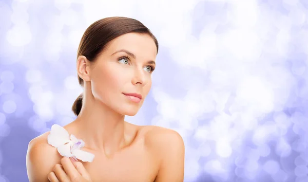 Beauty Bodycare People Concept Beautiful Woman Orchid Flower Lights Violet —  Fotos de Stock