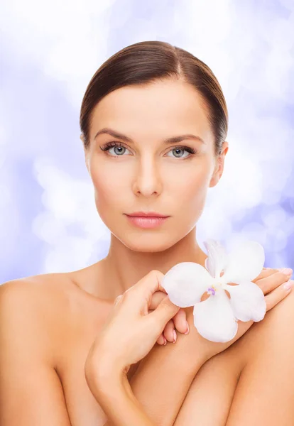 Beauty Bodycare People Concept Beautiful Woman Orchid Flower Lights Violet — Stockfoto