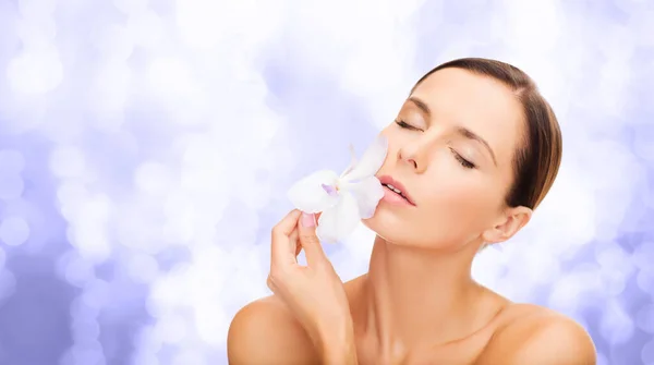 Beauty Bodycare People Concept Beautiful Woman Touching Her Face Orchid — 图库照片