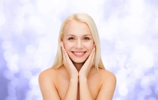 Beauty People Concept Happy Smiling Beautiful Woman Touching Her Face — Foto de Stock