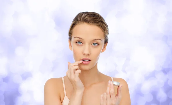 Beauty People Cosmetics Concept Woman Applying Lip Balm Her Lips — 图库照片