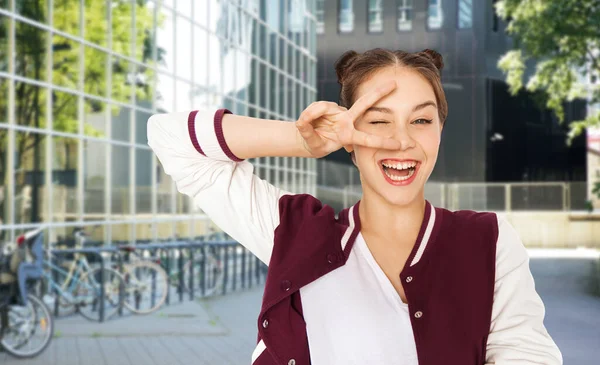 People Gesture Education Concept Happy Smiling Teenage Girl Showing Peace — Stok fotoğraf