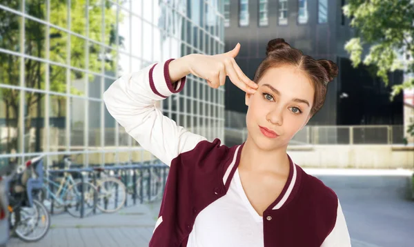 Stress Education Concept Bored Teenage Girl Making Headshot Finger Gun — Stockfoto
