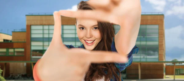 People Education Concept Happy Smiling Teenage Girl Making Frame Fingers — Stok fotoğraf