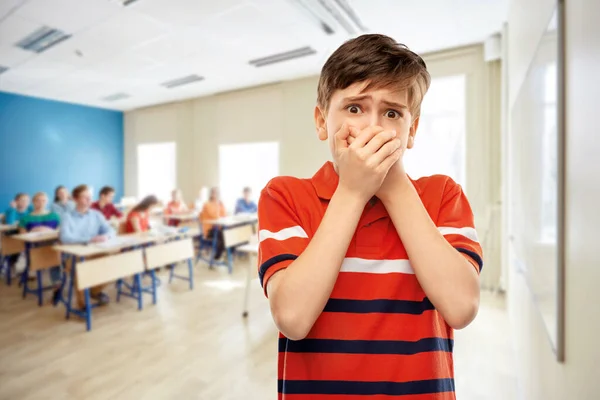 Education School Stress Concept Scared Student Boy Clothing Mouth Hands — Photo