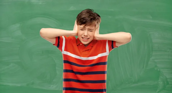 Education School Stress Concept Student Boy Closing Ears Hands Green — Fotografia de Stock