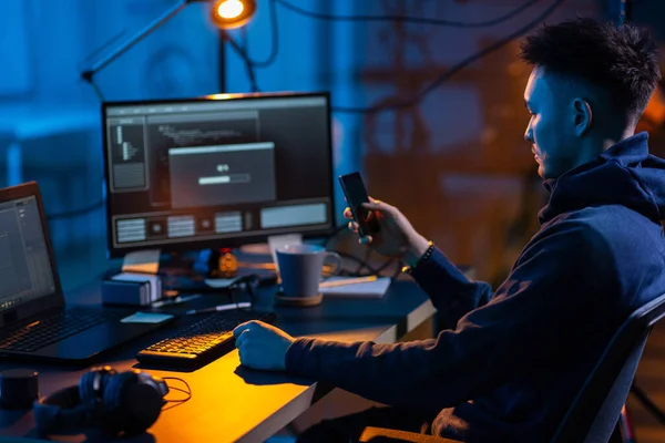 Cybercrime Hacking Technology Concept Male Hacker Smartphone Using Computer Virus — Zdjęcie stockowe