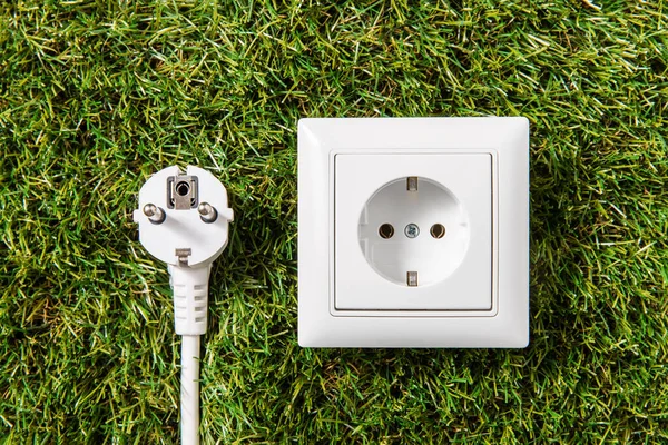 Electricity Energy Power Consumption Concept Close Socket Plug Green Grass — Stock Photo, Image