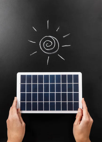 Energy Power Sustainability Concept Close Hands Holding Solar Battery Model — Foto Stock