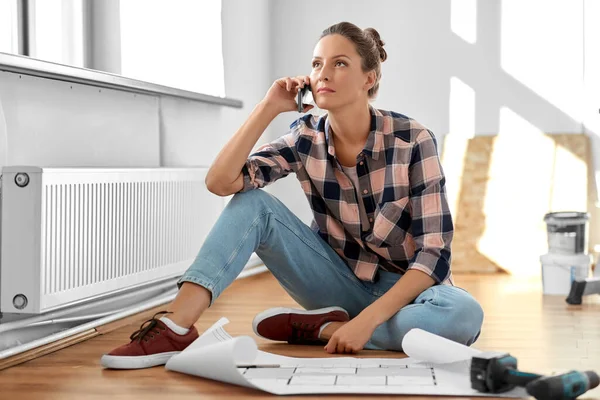 Repair People Real Estate Concept Woman Blueprint Pencil Sitting Floor — Stock Photo, Image