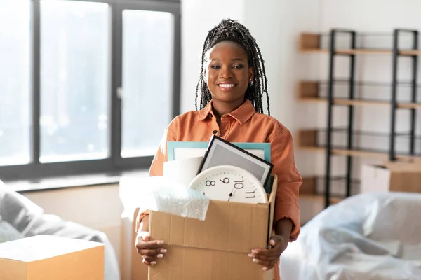 Moving People Real Estate Concept Happy Smiling Woman Holding Box — Stok fotoğraf