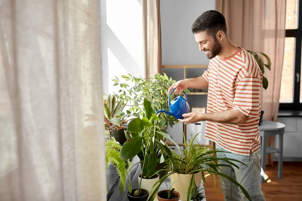 People Nature Plants Care Concept Happy Smiling Man Watering Flowers — Foto Stock