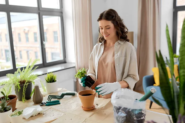 People Gardening Housework Concept Happy Woman Gloves Planting Pot Flowers — Stok fotoğraf