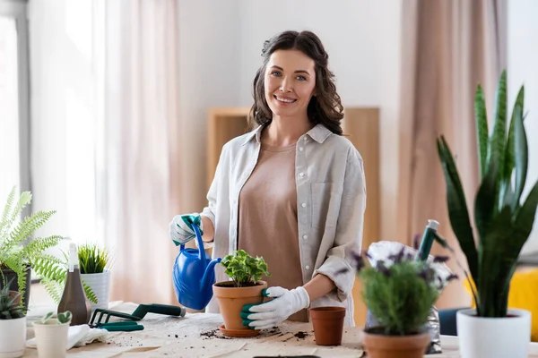 People Gardening Housework Concept Happy Woman Gloves Watering Can Planting — Stock Photo, Image