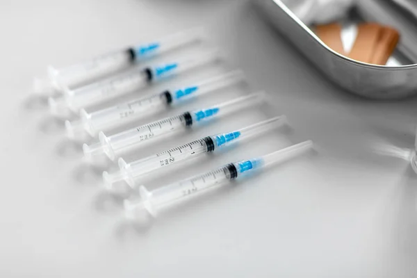 Medicine Vaccination Healthcare Concept Disposable Syringes Table Hospital — 스톡 사진