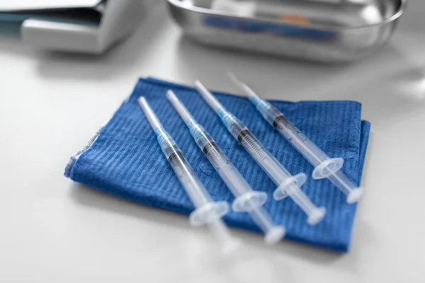 Medicine Vaccination Healthcare Concept Disposable Syringes Blue Wipe Table Hospital — Stock fotografie