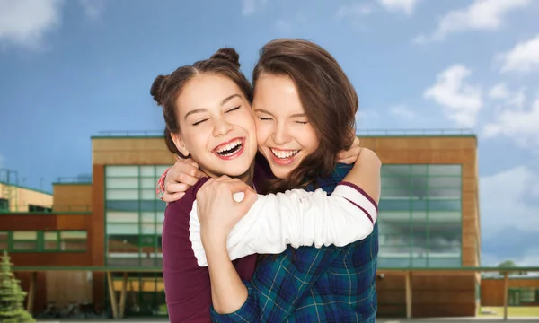 People Friendship Education Concept Happy Smiling Teenage Girls Hugging Laughing — 图库照片