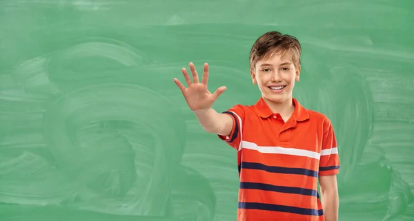 School Education Gesture Concept Portrait Happy Smiling Boy Red Polo — Fotografia de Stock