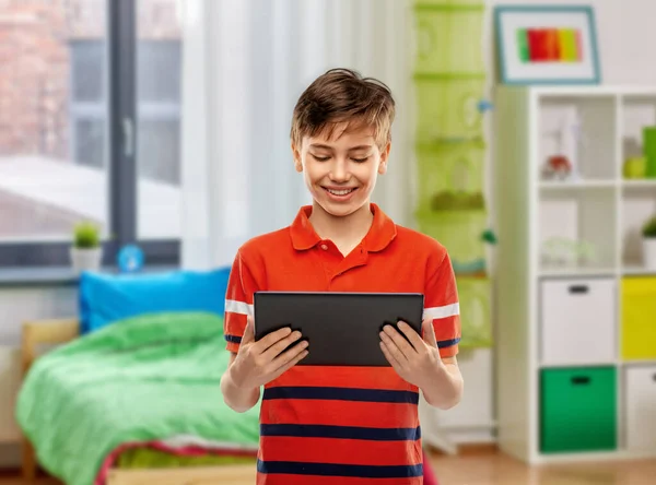 Technology Communication People Concept Happy Smiling Boy Red Polo Shirt — Zdjęcie stockowe
