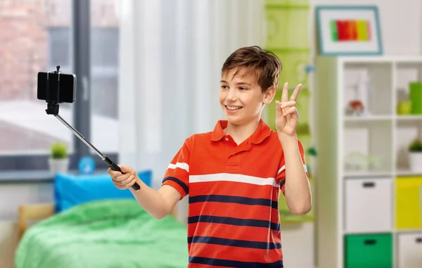 Childhood Technology Blogging Concept Portrait Happy Smiling Boy Red Polo — Zdjęcie stockowe