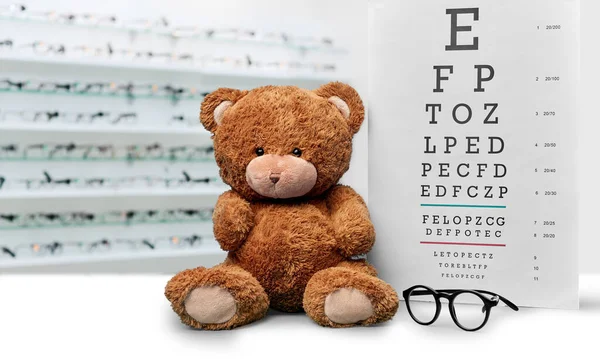 Vision Health Childhood Concept Brown Teddy Bear Glasses Eye Chart — Fotografia de Stock