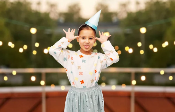 Birthday Childhood People Concept Portrait Little Girl Dress Party Hat — Stock Photo, Image