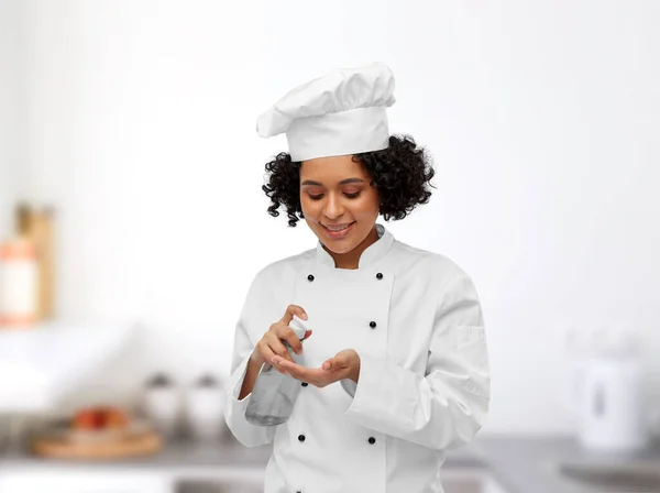 Cooking Culinary People Concept Happy Smiling Female Chef Applying Hand — Stockfoto