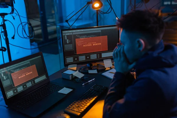 Cybercrime Hacking Technology Concept Male Hacker Dark Room Using Computer — Fotografia de Stock