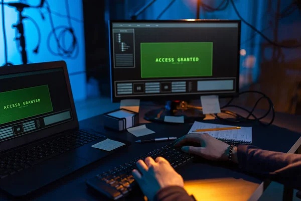 Cybercrime Hacking Technology Concept Close Male Hacker Dark Room Writing — Fotografia de Stock