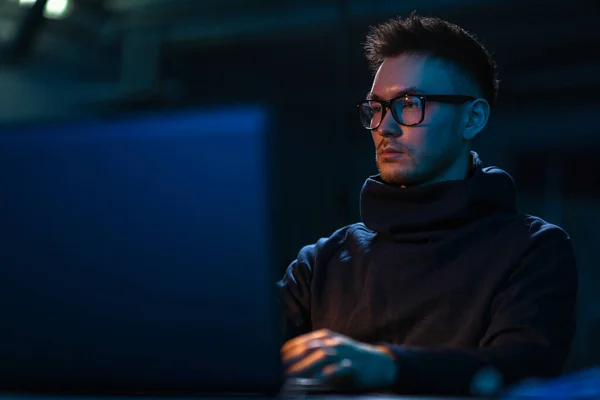 Cybercrime Hacking Technology Concept Young Man Glasses Writing Code Laptop — Fotografia de Stock