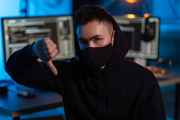 Cybercrime Hacking Technology Concept Hacker Wearing Black Mask Hoodie Showing — Stockfoto