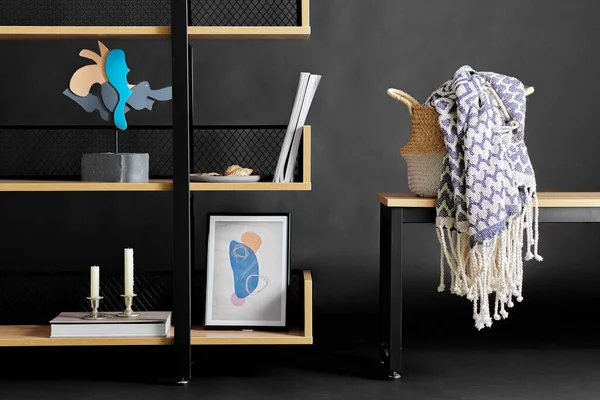 Interior Home Decor Concept Book Shelf Art Decorations Black Background — Stockfoto