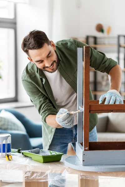 Furniture Renovation Diy Home Improvement Concept Happy Smiling Man Gloves — Zdjęcie stockowe