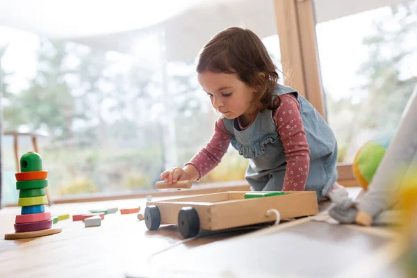 Childhood Hygge People Concept Little Baby Girl Playing Toy Blocks — Foto Stock