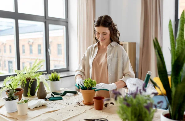 People Gardening Housework Concept Happy Woman Gloves Planting Pot Flowers — Stockfoto