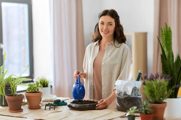 People Gardening Housework Concept Happy Woman Gloves Watering Can Soil — Stock Photo, Image