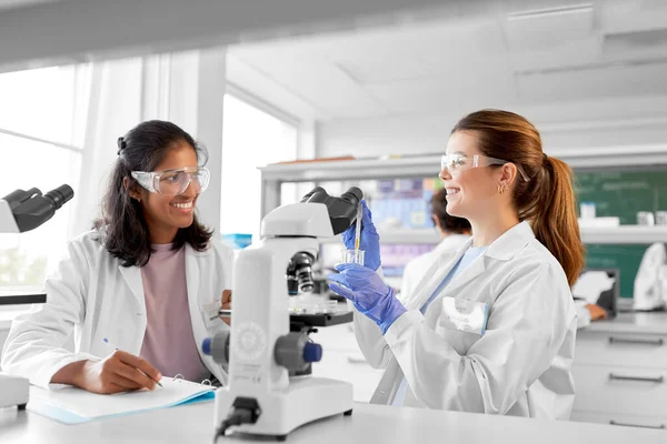 Bilim Araştırmaları Insan Kavramı Laboratuvarda Çalışan Mikroskoplu Mutlu Uluslararası Kadın — Stok fotoğraf