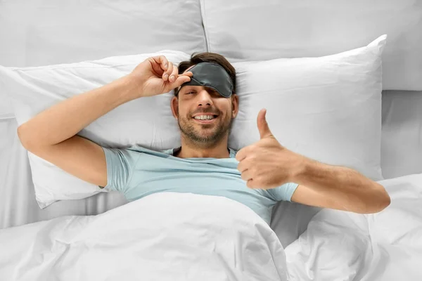 People Bedtime Rest Concept Happy Smiling Man Sleeping Eye Mask — Photo