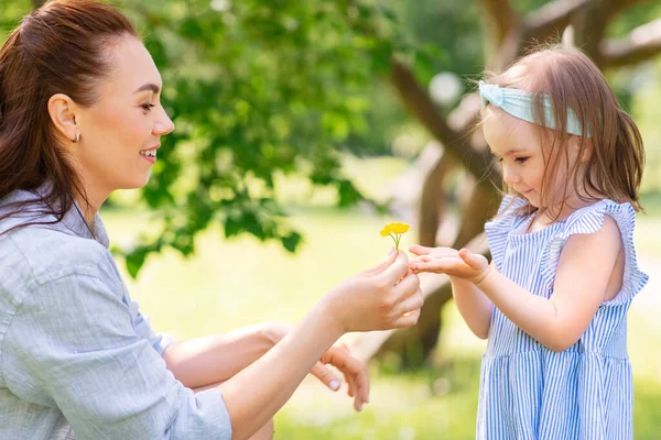 family, motherhood and people concept - happy mother with little daughter with flowers at summer park or garden