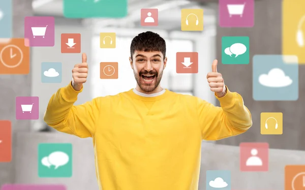 Gesture People Concept Smiling Young Man Yellow Sweatshirt Showing Thumbs — ストック写真