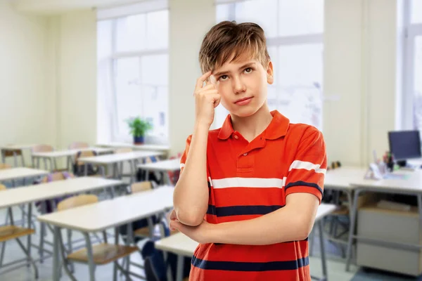 School Education People Concept Thinking Student Boy Red Polo Shirt — Fotografia de Stock