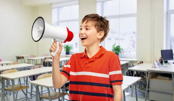 School Education Information Concept Happy Student Boy Speaking Megaphone Classroom — Photo