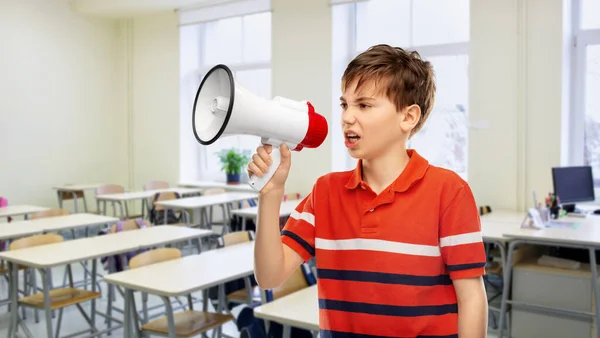 School Education Information Concept Angry Student Boy Speaking Megaphone Classroom — Fotografia de Stock