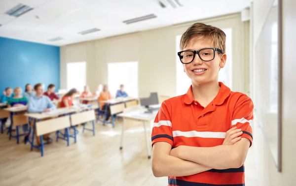 Vision Education School Concept Portrait Happy Smiling Student Boy Eyeglasses — Zdjęcie stockowe