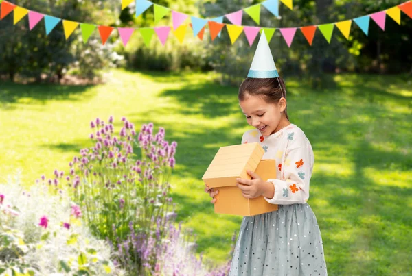 Birthday Childhood People Concept Portrait Smiling Little Girl Party Hat —  Fotos de Stock