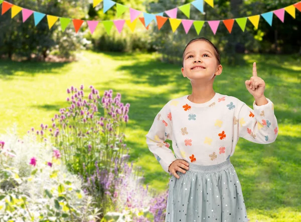 Childhood Birthday Party Concept Portrait Smiling Little Girl Pointing Finger — Zdjęcie stockowe