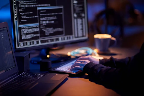 Cybercrime Hacking Technology Concept Close Hacker Dark Room Writing Code — 스톡 사진