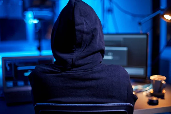 Cybercrime Hacking Technology Concept Close Male Hacker Dark Room Writing — Stockfoto