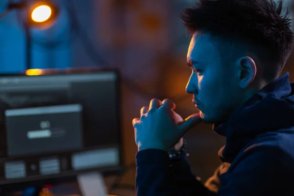 Cybercrime Hacking Technology Concept Close Male Hacker Dark Room Using — Fotografia de Stock